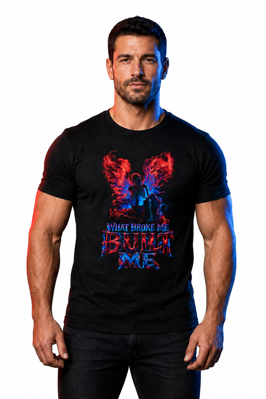 MEN'S SLIM FIT GRAPHIC TEE — 'What Broke Me Built Me' Angel Wings Rock T-Shirt