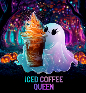 WOMENS SWEATSHIRT Iced Coffee Queen - Cute Ghost & Pumpkin Autumn Crewneck w/ Custom Sleeve Option