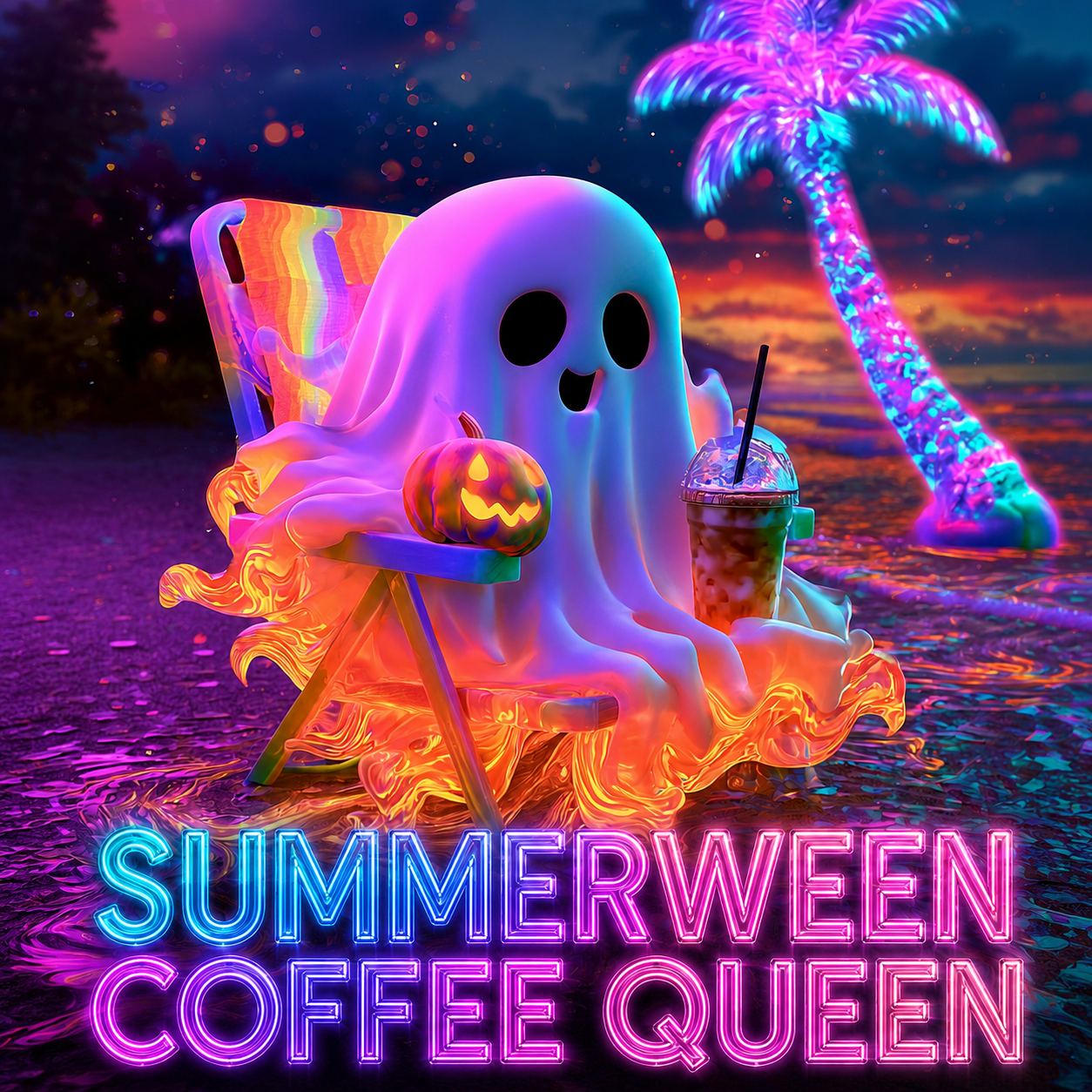 WOMENS SWEATSHIRT - Summerween Coffee Queen - Neon Ghost Beach Crewneck