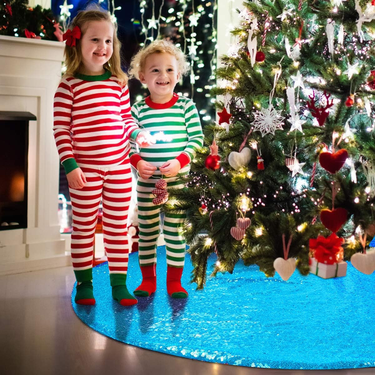 Teal Blue Christmas Tree Skirt, 48 Inch Sequin Double Layers Tree Mat for Turquoise Christmas Decorations