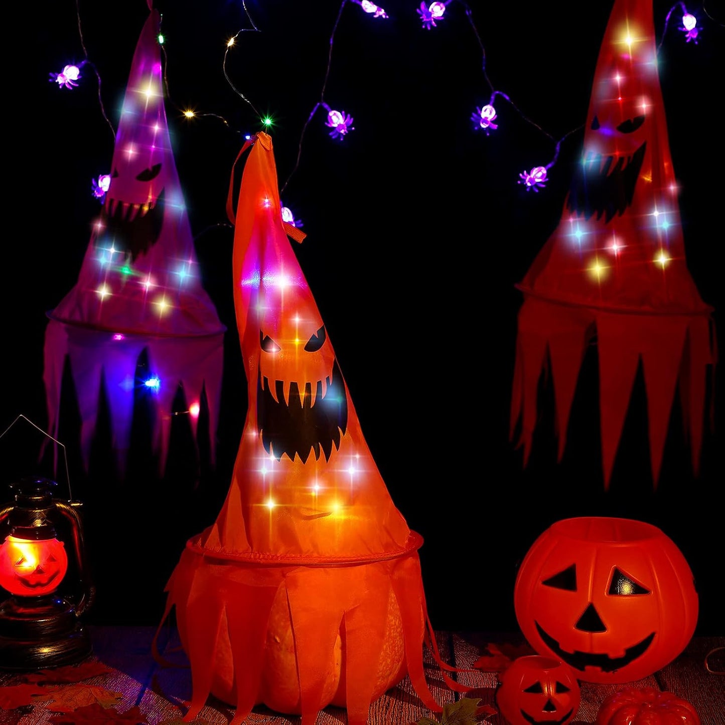 8 Pieces Halloween Witch Hat Decorations Witch Hats String Light Halloween Witch Decorations for Garden, Indoor, Yard, Tree, Party, Suitable for Ages 8 and Up(Ghost Style)