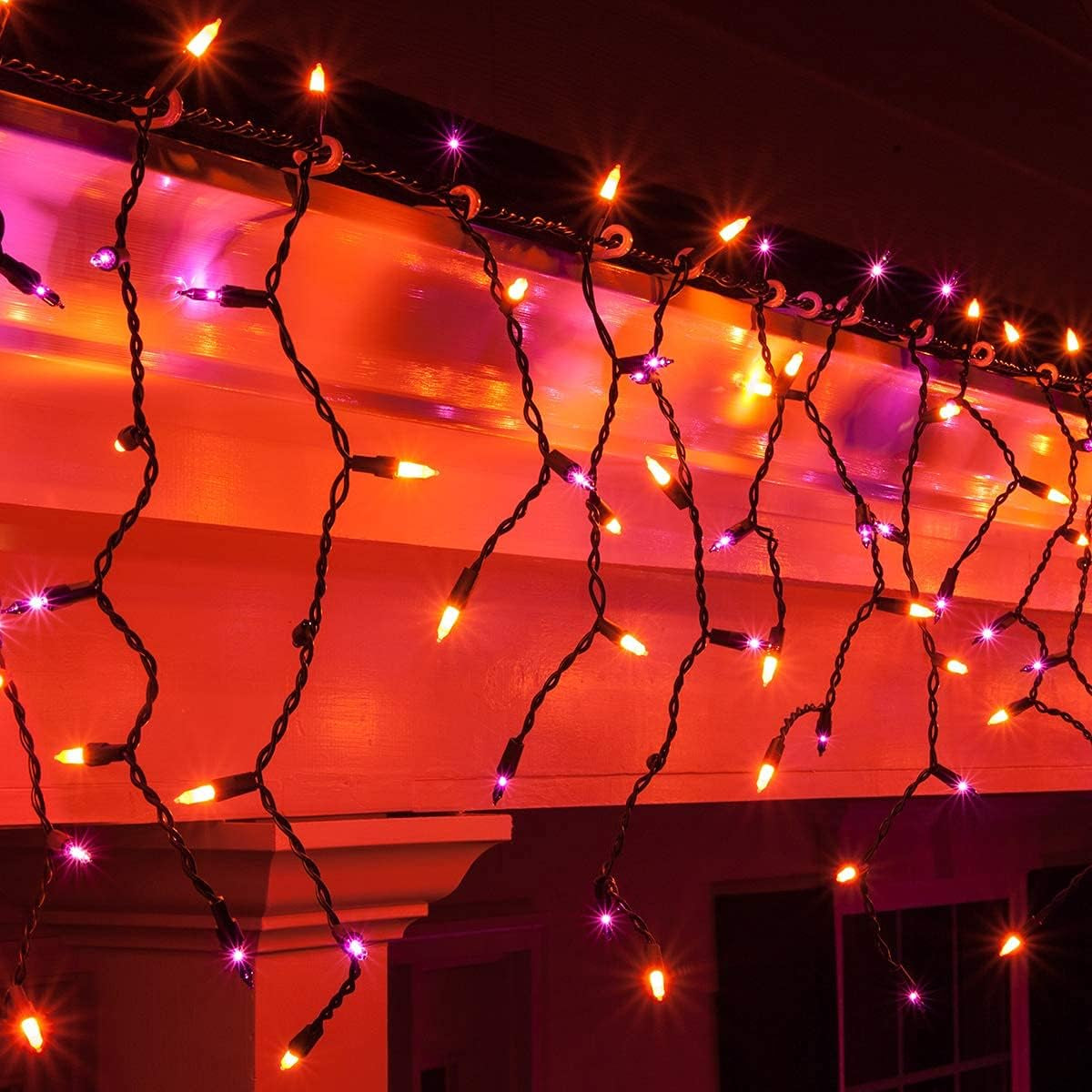 8.5 Ft 150 Purple/Orange Icicle Lights - Black Wire, Indoor/Outdoor Halloween Lights