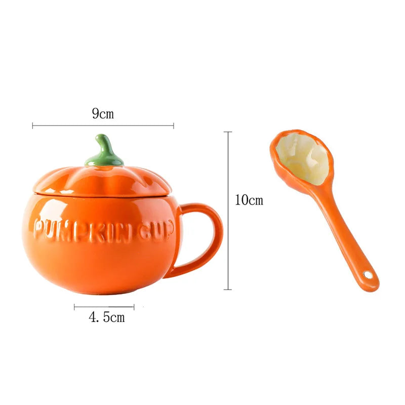 Halloween Creative Pumpkin Mug Ceramic Cup with Spoon Soup Mug with Lid Oatmeal Breakfast Cup for Kids Tea Milk Coffee Cup