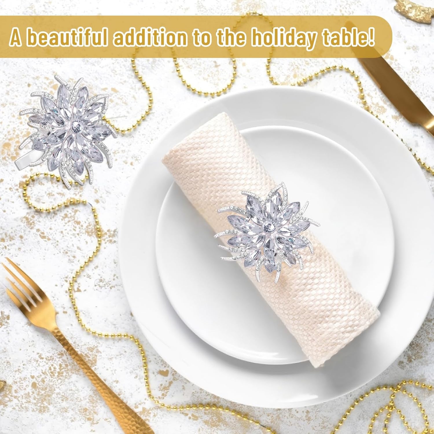 Set of 12 Christmas Lotus Flower Napkin Rings Set for Dinning Table Setting- Silver Rhinestone Xmas Winter Napkin Ring Holders for Cloth Napkins, Christmas Holiday Party Dinner Table Decoration