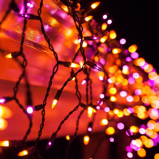 8.5 Ft 150 Purple/Orange Icicle Lights - Black Wire, Indoor/Outdoor Halloween Lights