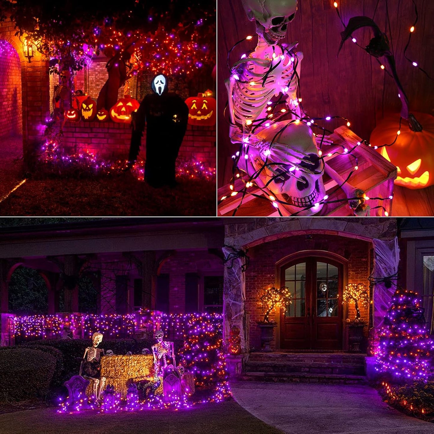 Orange & Purple Halloween String Lights - 72Ft 200 LED Outdoor Connectable, 8 Modes, Indoor Tree Black Wire for Party Haunted House Decor