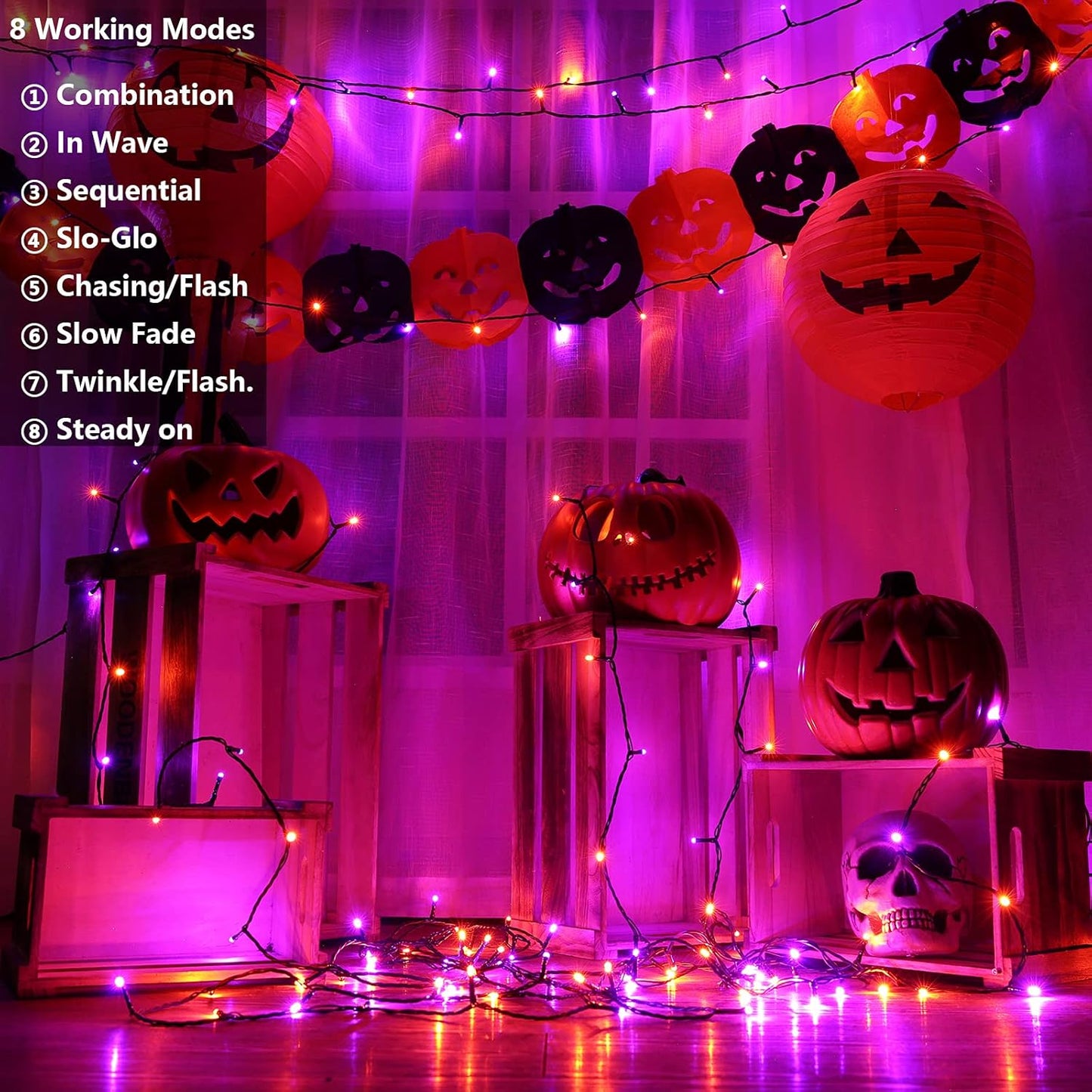2 Pack Orange Purple Halloween Solar String Lights Total 144 FT 400 LED 8 Modes Waterproof Solar Halloween Lights Outdoor for Halloween Decorations