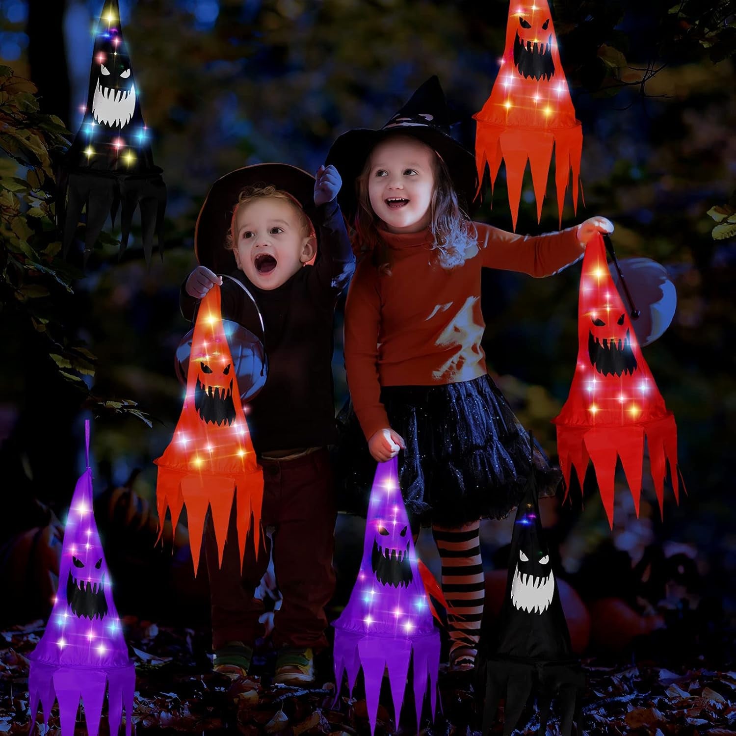 8 Pieces Halloween Witch Hat Decorations Witch Hats String Light Halloween Witch Decorations for Garden, Indoor, Yard, Tree, Party, Suitable for Ages 8 and Up(Ghost Style)