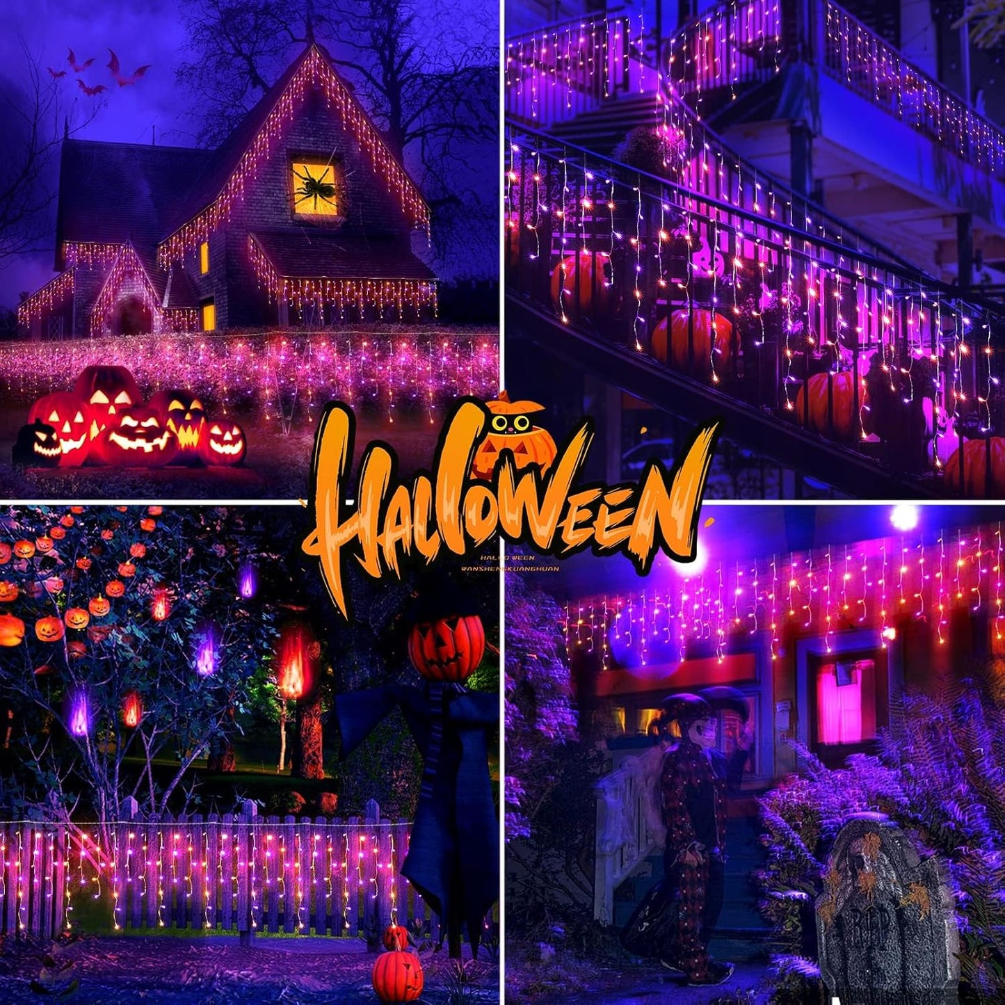 65 FT 640 LED Halloween Lights Outdoor Decorations Clear Wire String Lights Plug in 120 Drops 8 Modes Memory Timer Curtain Fairy Lights Waterproof for Holiday Wedding Party-Orange and Purple