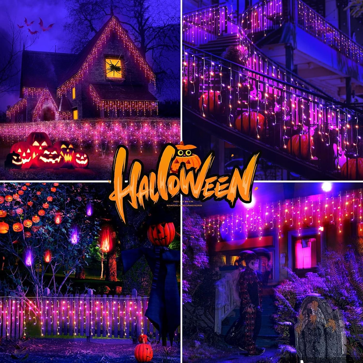 65 FT 640 LED Halloween Lights Outdoor Decorations Clear Wire String Lights Plug in 120 Drops 8 Modes Memory Timer Curtain Fairy Lights Waterproof for Holiday Wedding Party-Orange and Purple