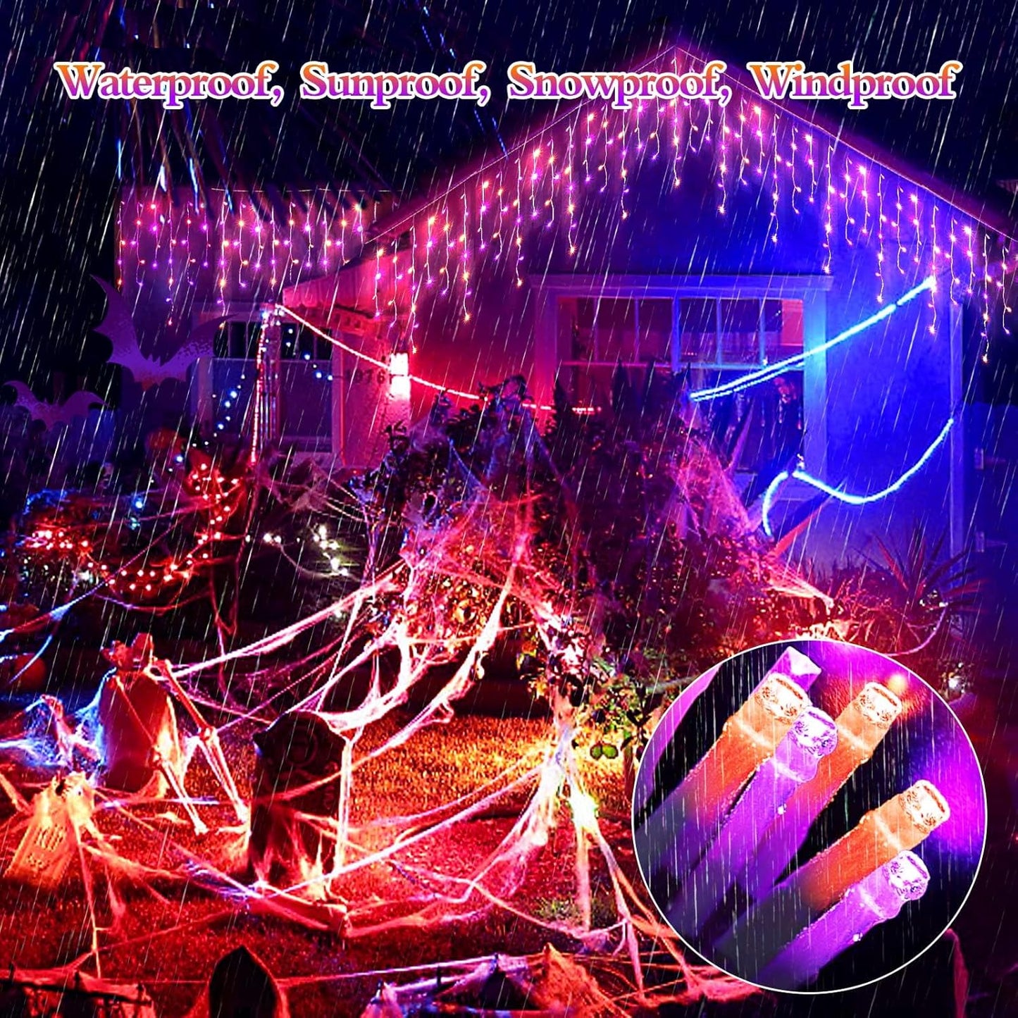 65 FT 640 LED Halloween Lights Outdoor Decorations Clear Wire String Lights Plug in 120 Drops 8 Modes Memory Timer Curtain Fairy Lights Waterproof for Holiday Wedding Party-Orange and Purple
