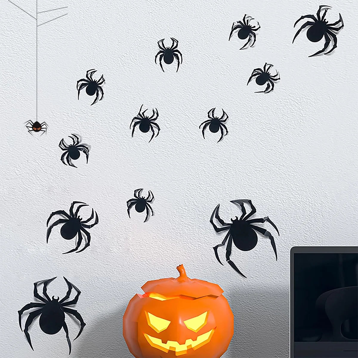 12 Spider LED Stickers Halloween Decorations - 3D Spider Print DIY Wall Decoration - for Halloween Party Decoration