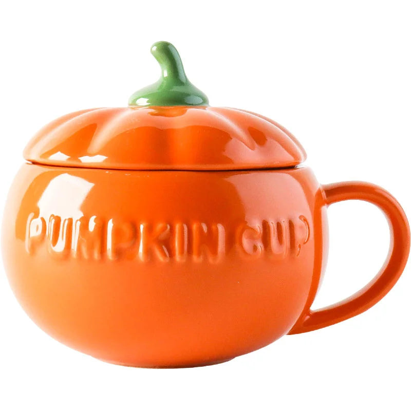 Halloween Creative Pumpkin Mug Ceramic Cup with Spoon Soup Mug with Lid Oatmeal Breakfast Cup for Kids Tea Milk Coffee Cup