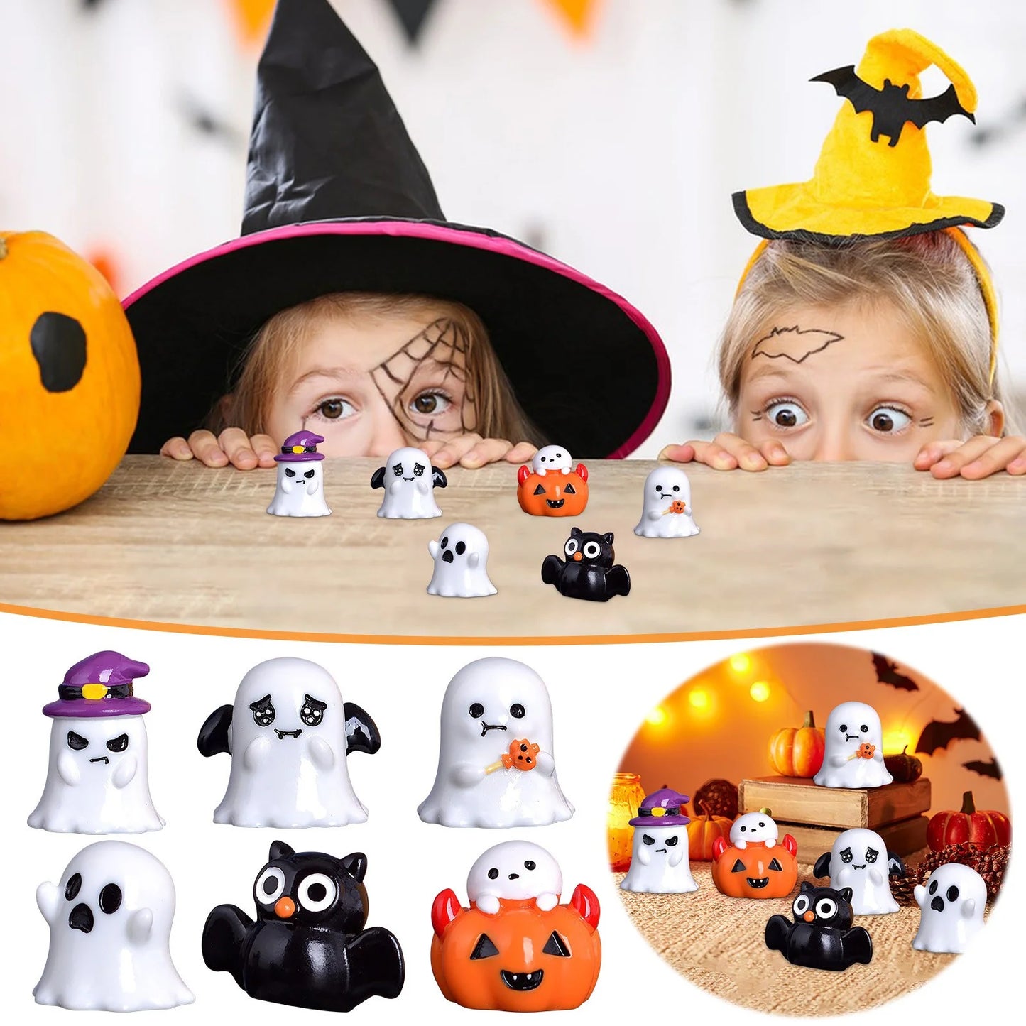 Halloween Decorations Outdoor 2024 NEW 11PC Mini Halloween Garden Figurines Cute Pumpkin Ghost Resin Miniature Model Witch Figurines Decorated Halloween Party DIY Decoration