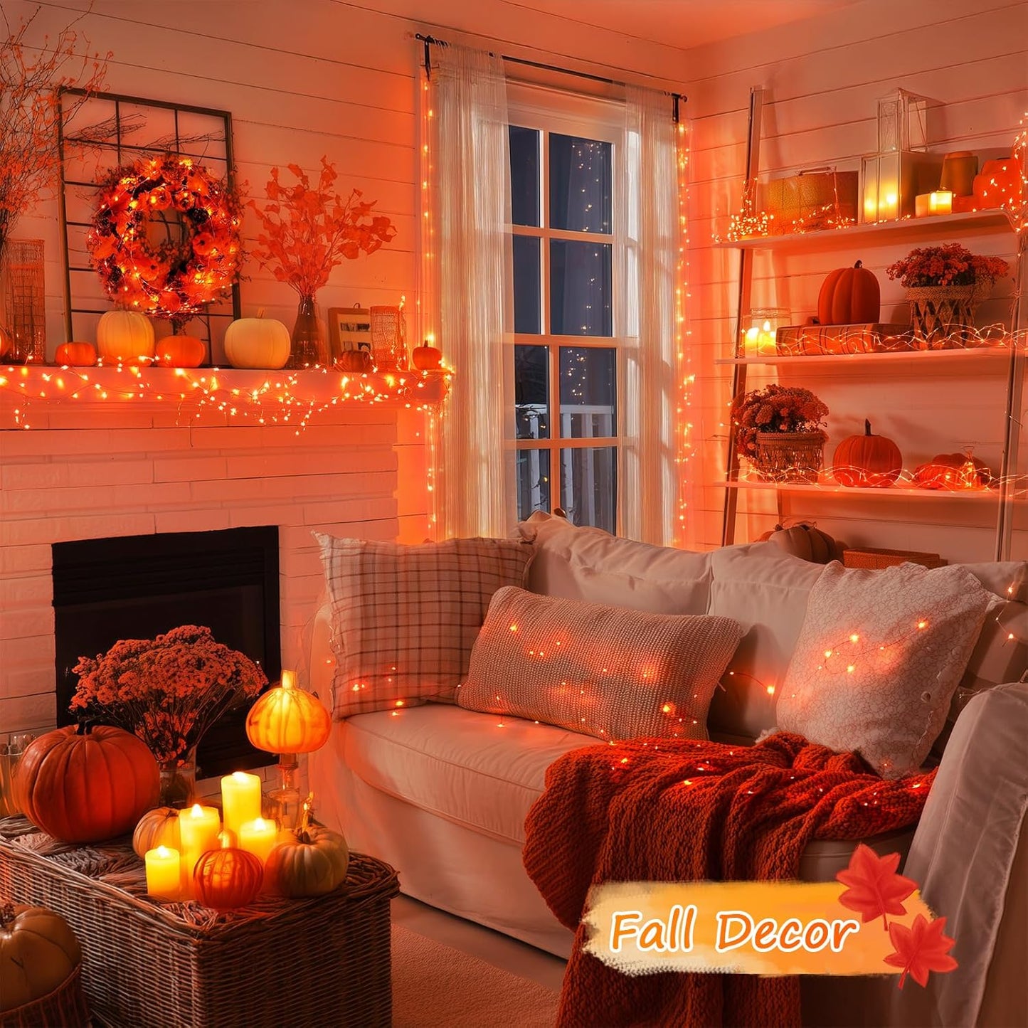 2 Pack Orange Fairy Lights, Total 200 LED 66Ft Battery Operated Halloween Lights with Remote, 8 Modes Twinkle String Light for Halloween Thangksgiving Fall Tree Indoor Outdoor Decoration