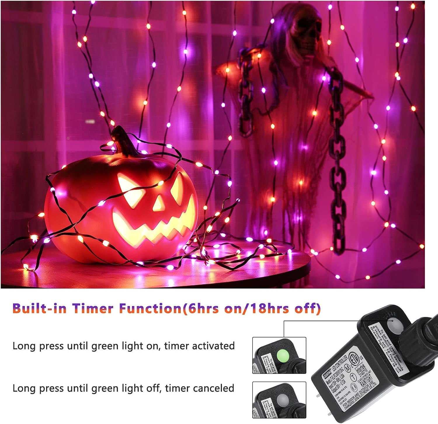 Orange & Purple Halloween String Lights - 72Ft 200 LED Outdoor Connectable, 8 Modes, Indoor Tree Black Wire for Party Haunted House Decor