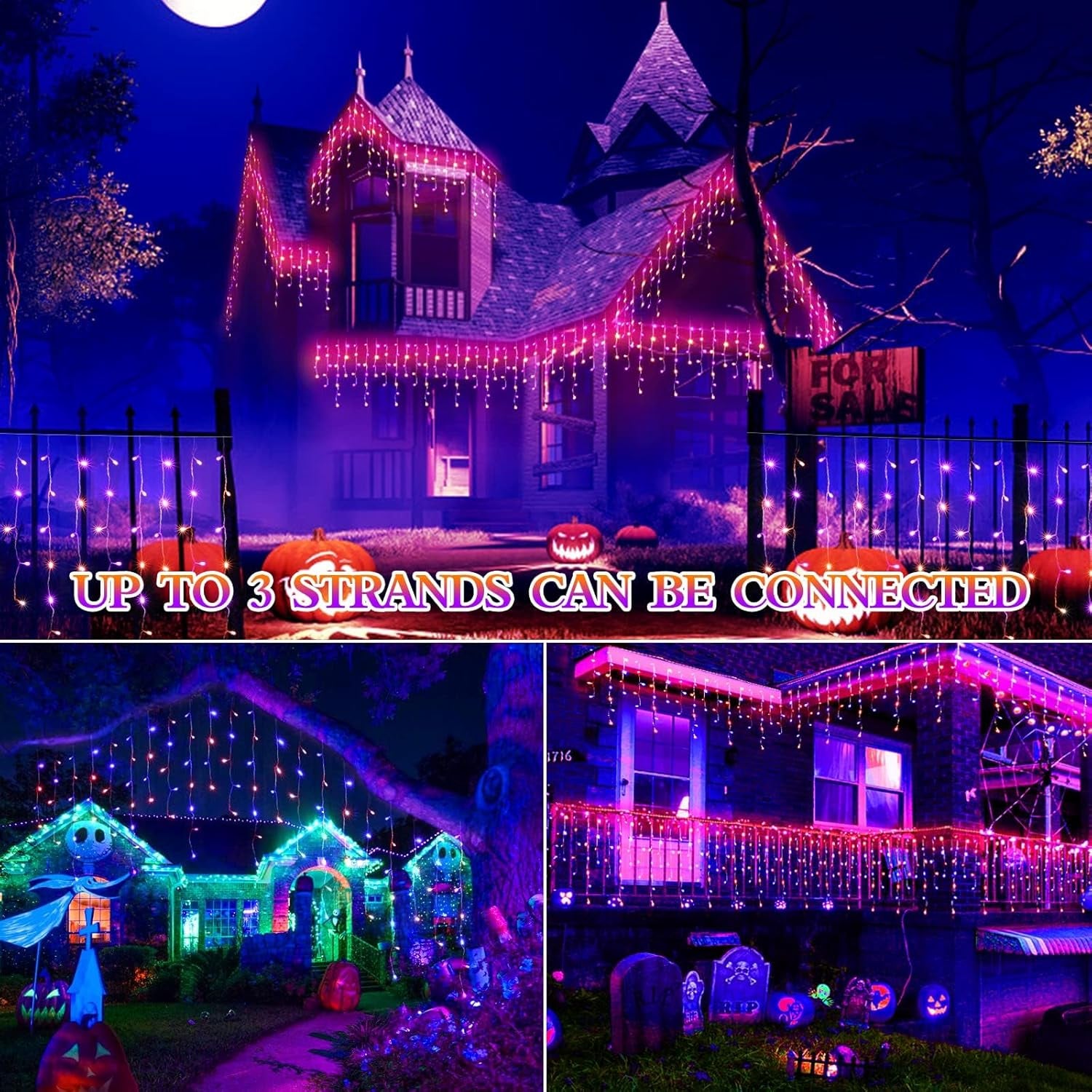 65 FT 640 LED Halloween Lights Outdoor Decorations Clear Wire String Lights Plug in 120 Drops 8 Modes Memory Timer Curtain Fairy Lights Waterproof for Holiday Wedding Party-Orange and Purple
