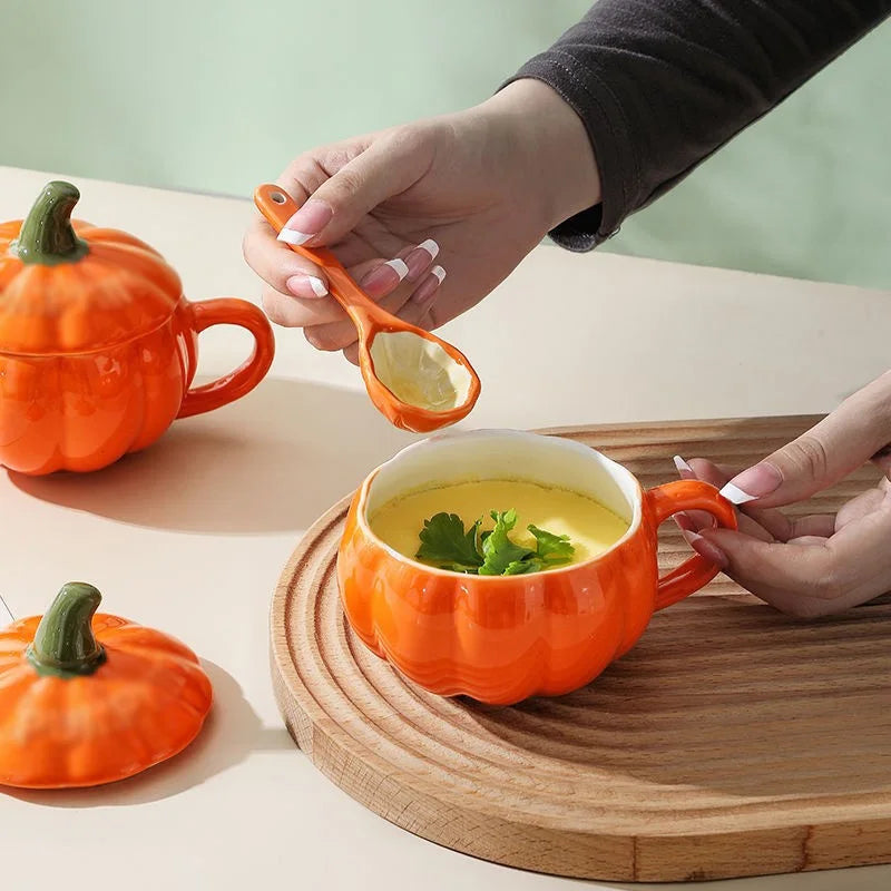 Halloween Creative Pumpkin Mug Ceramic Cup with Spoon Soup Mug with Lid Oatmeal Breakfast Cup for Kids Tea Milk Coffee Cup