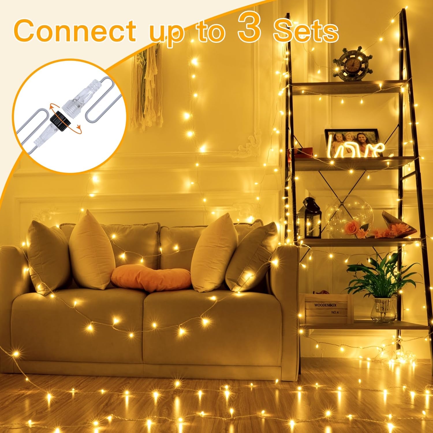 String Lights Indoor 200LED 60FT, Warm White Connectable Plug in LED Outdoor Light, 8 Modes Waterproof Timer Christmas Lights for outside Bedroom House Party Wedding Camping