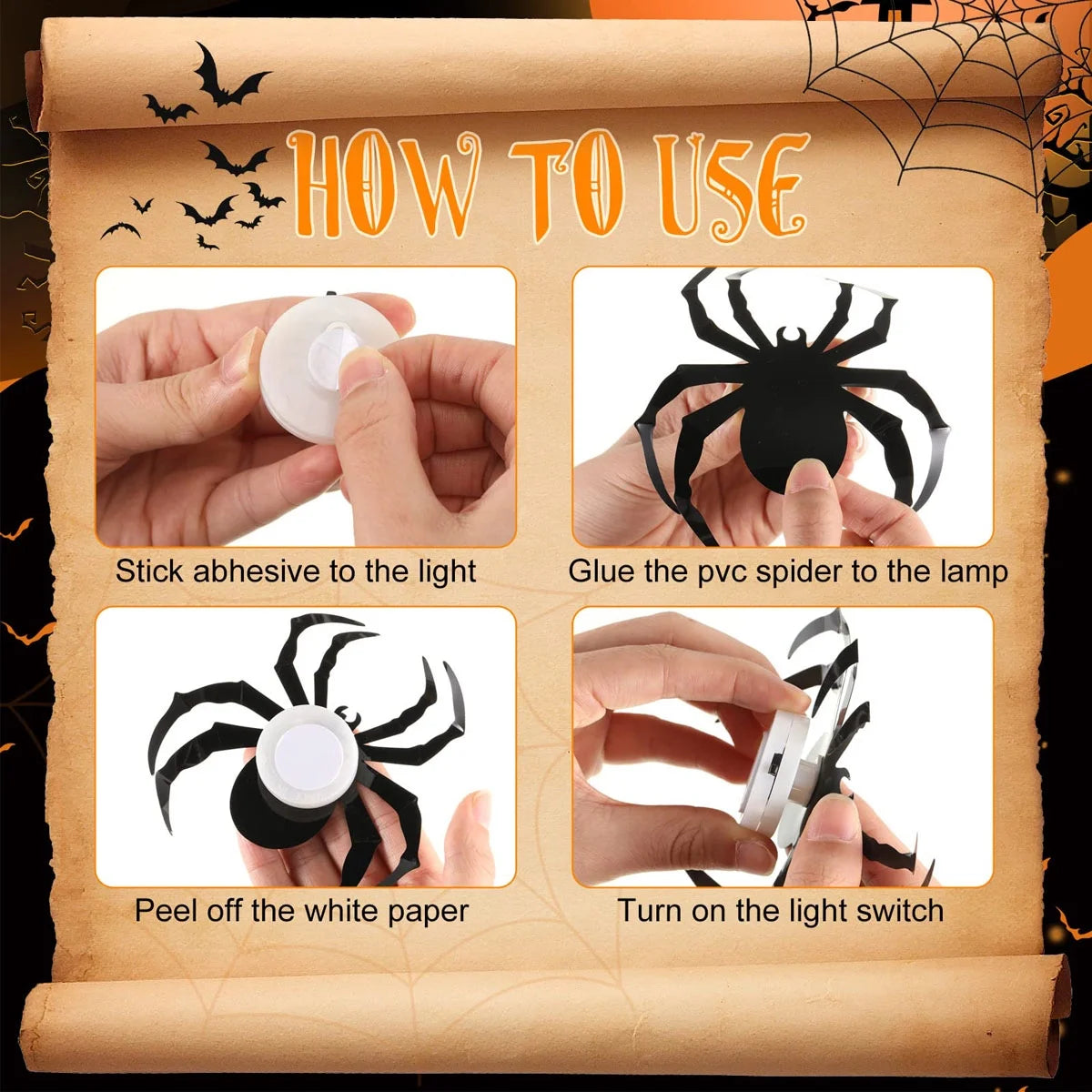 12 Spider LED Stickers Halloween Decorations - 3D Spider Print DIY Wall Decoration - for Halloween Party Decoration