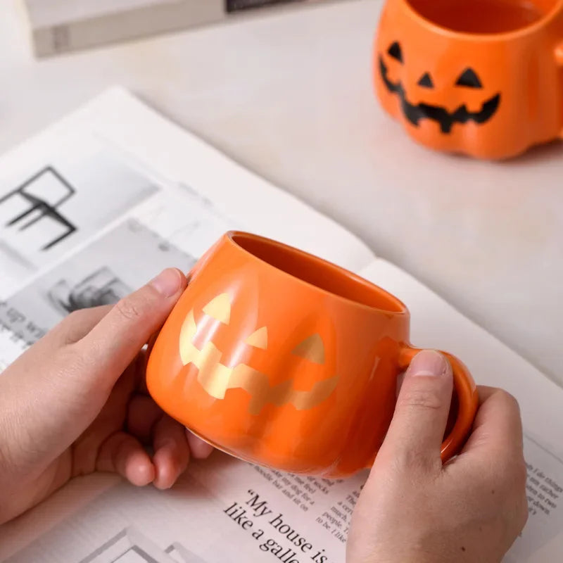 1Pc 400Ml Halloween Pumpkin Mug Decor Halloween Pattern Mug Ceramic Cute Pumpkin Coffee Cup Birthday Tabletop Drinkware Gifts