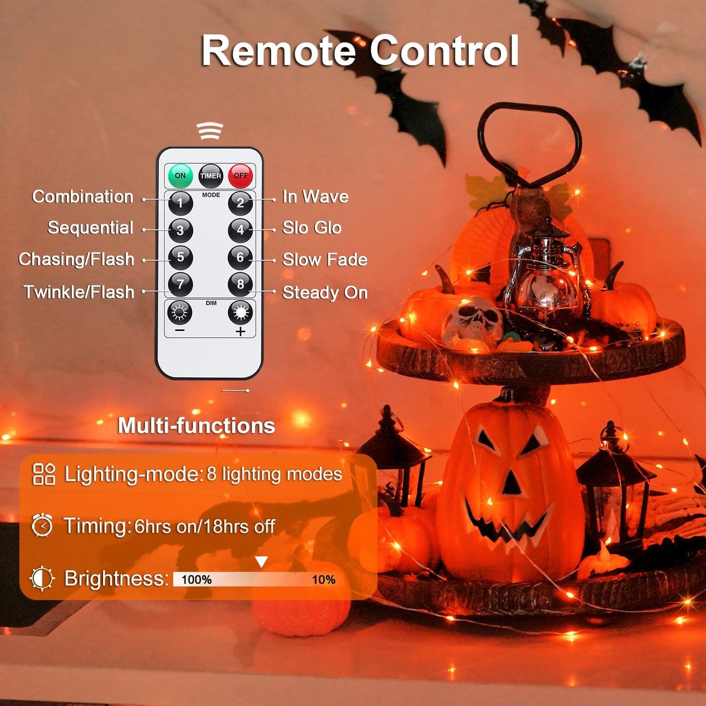 2 Pack Orange Fairy Lights, Total 200 LED 66Ft Battery Operated Halloween Lights with Remote, 8 Modes Twinkle String Light for Halloween Thangksgiving Fall Tree Indoor Outdoor Decoration