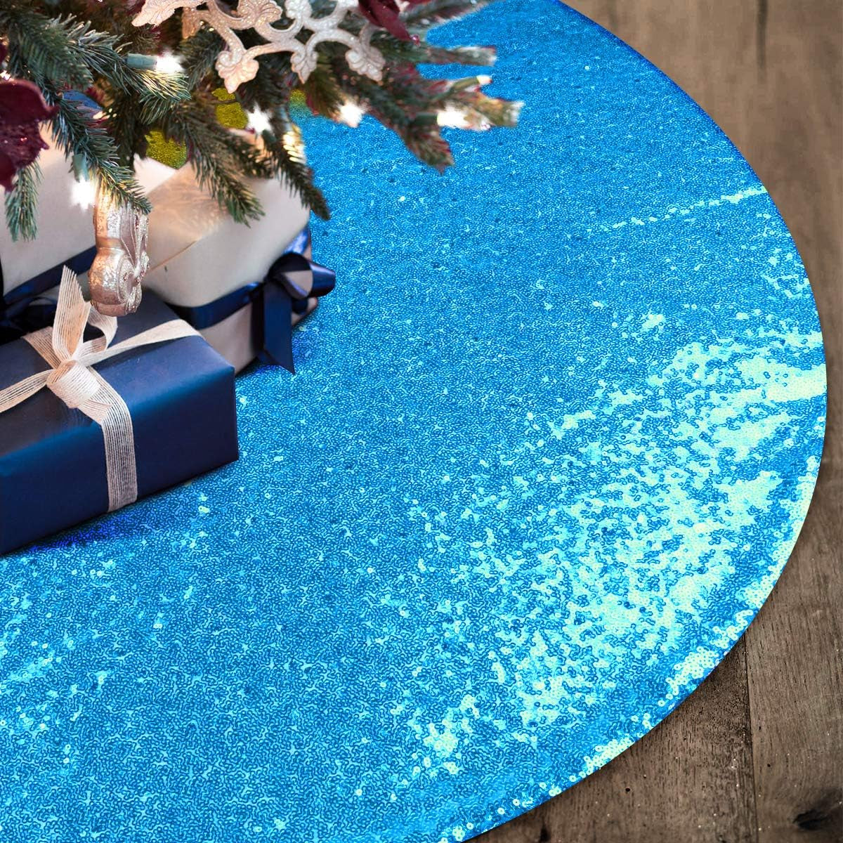 Teal Blue Christmas Tree Skirt, 48 Inch Sequin Double Layers Tree Mat for Turquoise Christmas Decorations