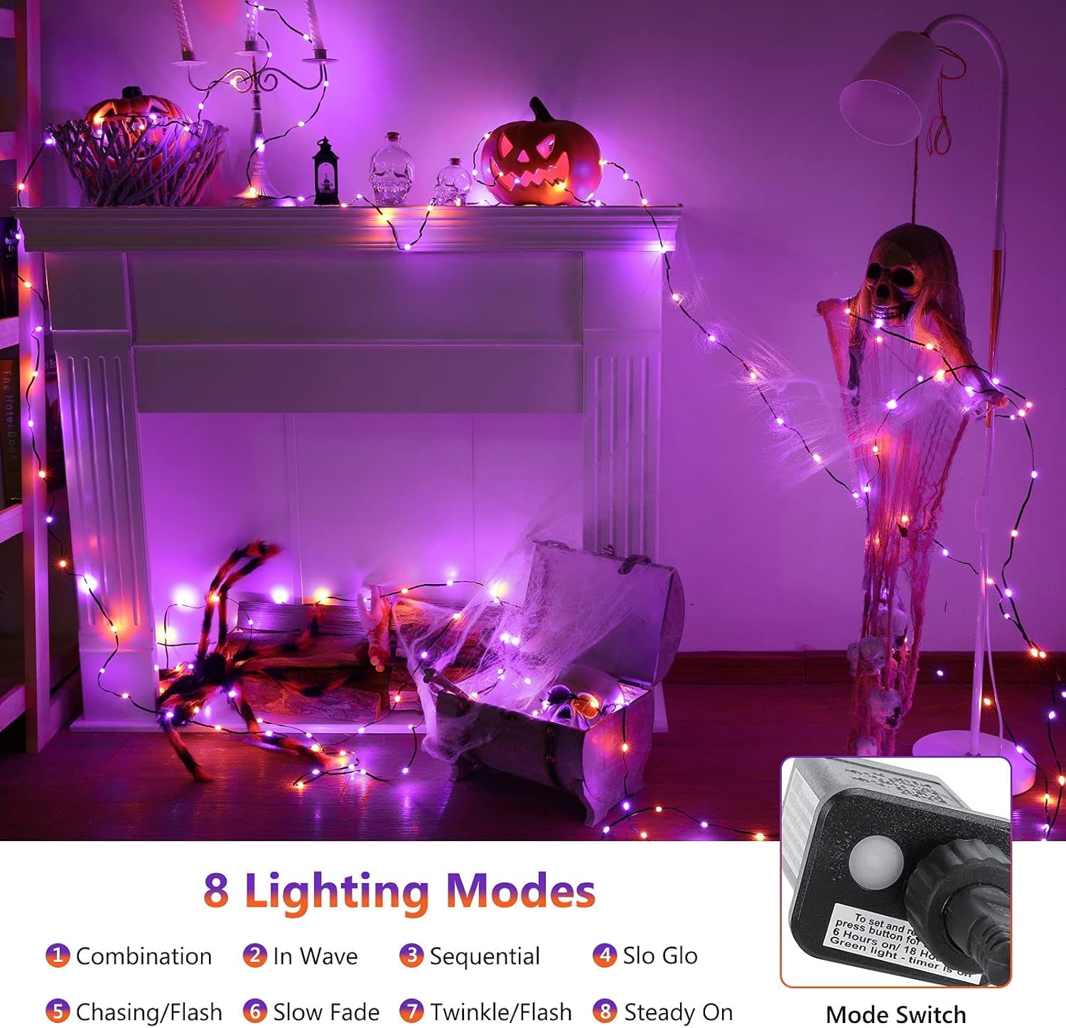 Orange & Purple Halloween String Lights - 72Ft 200 LED Outdoor Connectable, 8 Modes, Indoor Tree Black Wire for Party Haunted House Decor