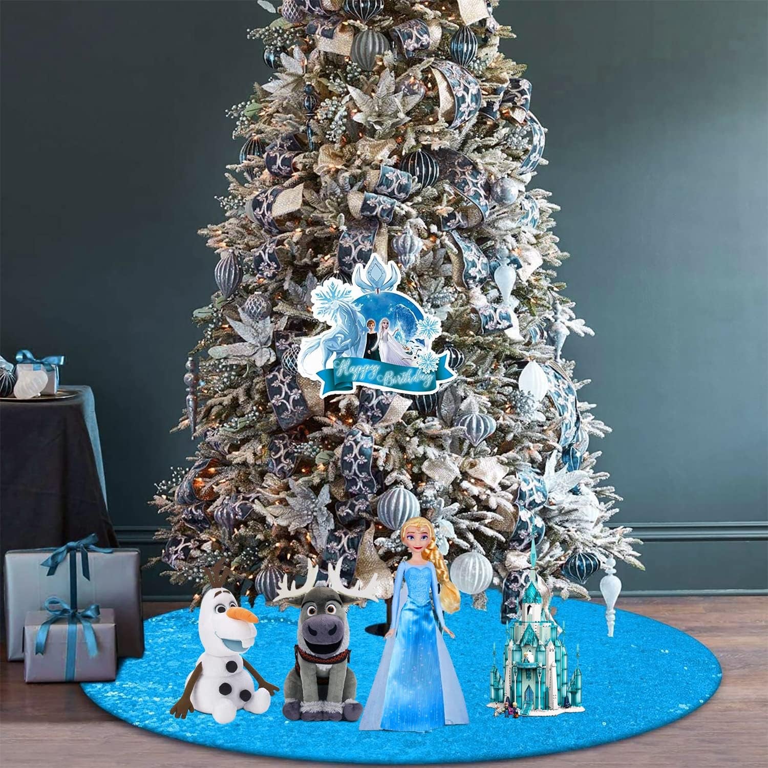 Teal Blue Christmas Tree Skirt, 48 Inch Sequin Double Layers Tree Mat for Turquoise Christmas Decorations